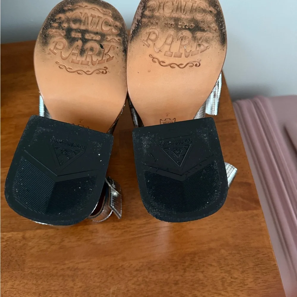 John Fluevog Silver Metallic Platform Slingback Sandals